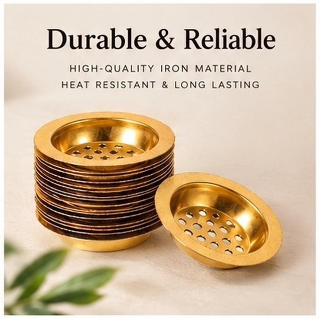 Incense Holder - 10個入り、香炉用トレイ、ゴールド調、穴あき鉄製カップ、炭を入れるためのディスクホルダー、樹脂製、ウード、バフール、中東の香