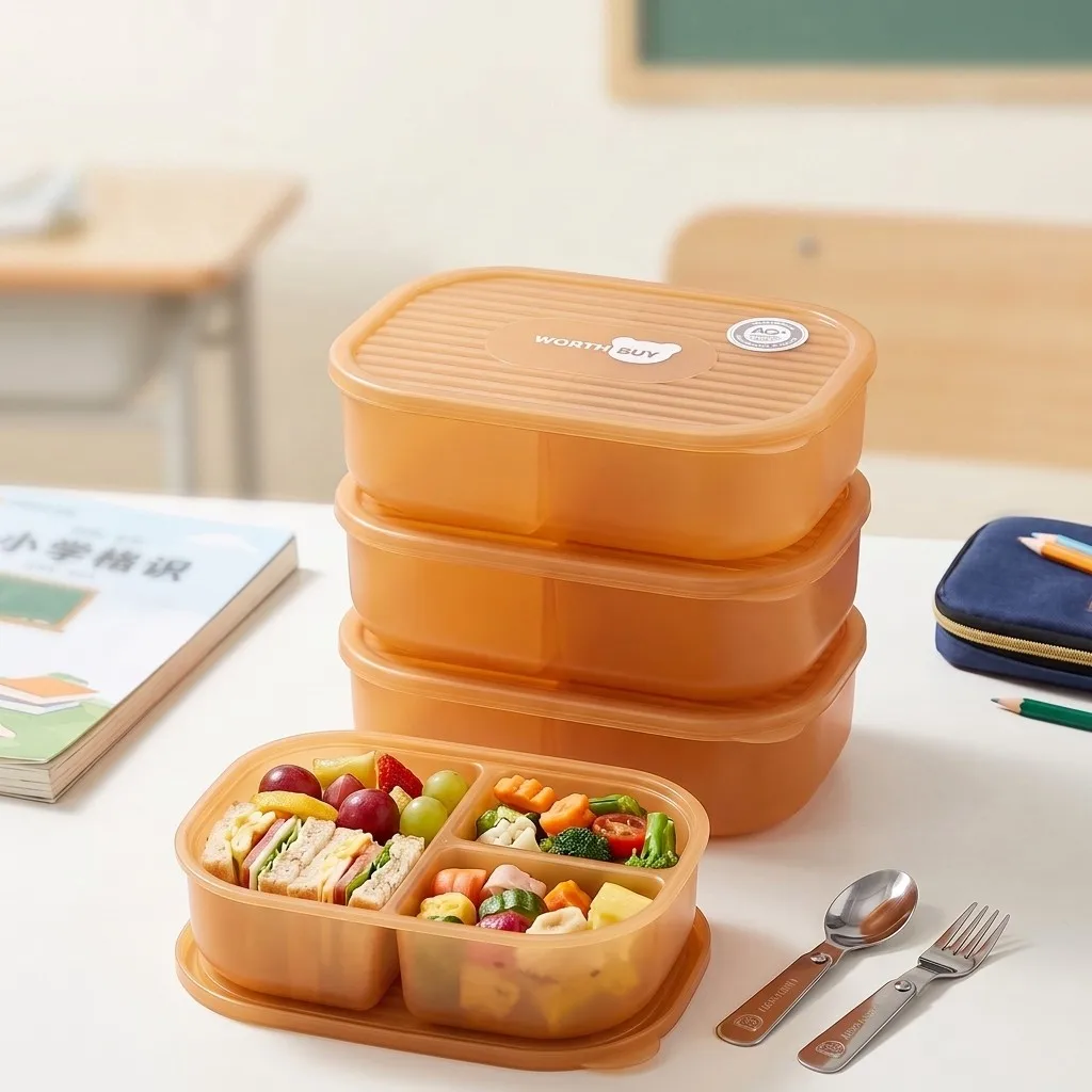 Japanese Snacks - 日本のプラスチック製弁当箱。子供から大人まで使える、学校用の3つの仕切り付きランチボックス。電子レンジ対応で、食事の準備や食品の保存、おやつ入れに最適。