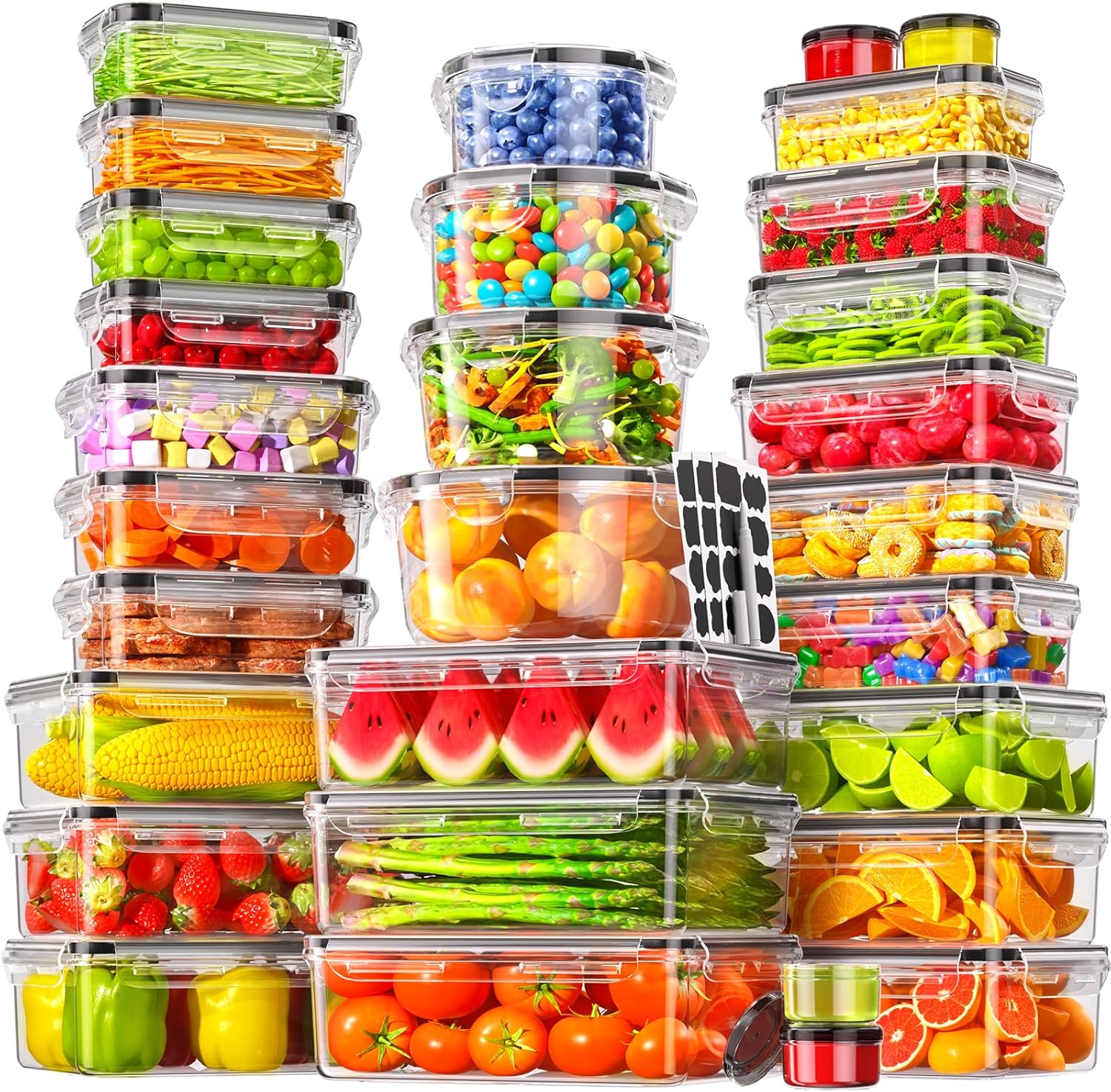 Bento Box - 50個入り/25個パック、密閉式の食品保存容器（蓋付き）、漏れ防止設計、お弁当箱、BPAフリー、再利用可能なプラスチック製、重ねて収納可能、冷蔵庫での整理に最適、電子レンジ対応、キッチン収納・整理に。