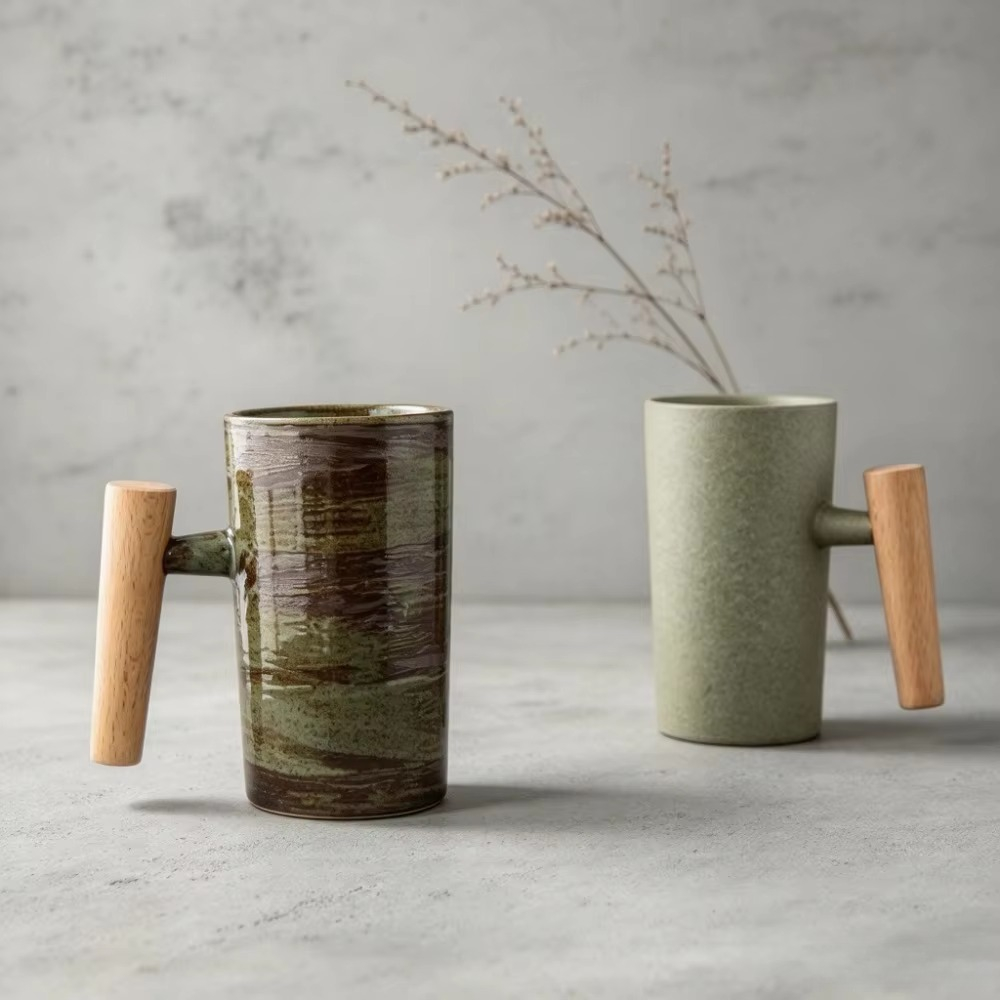 日本のデザインにインスパイアされた陶器製のコーヒーマグ。木製 - Japanese Pottery のレビューと価格